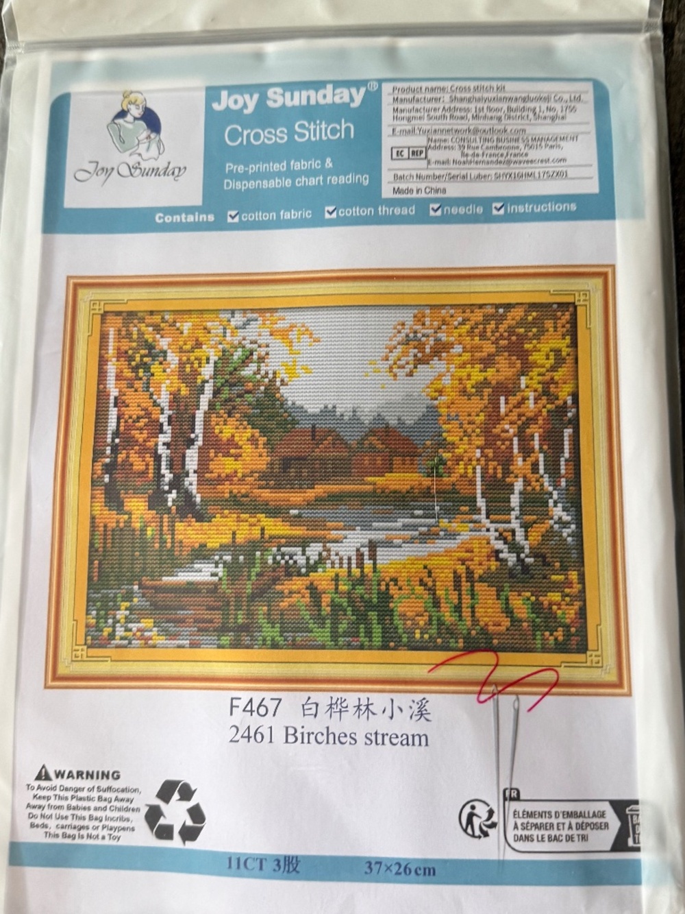 Birches Fall  by Stream Pre-Printed Joy Sunday Cross Stitch Kit 11ct Aid - NEW